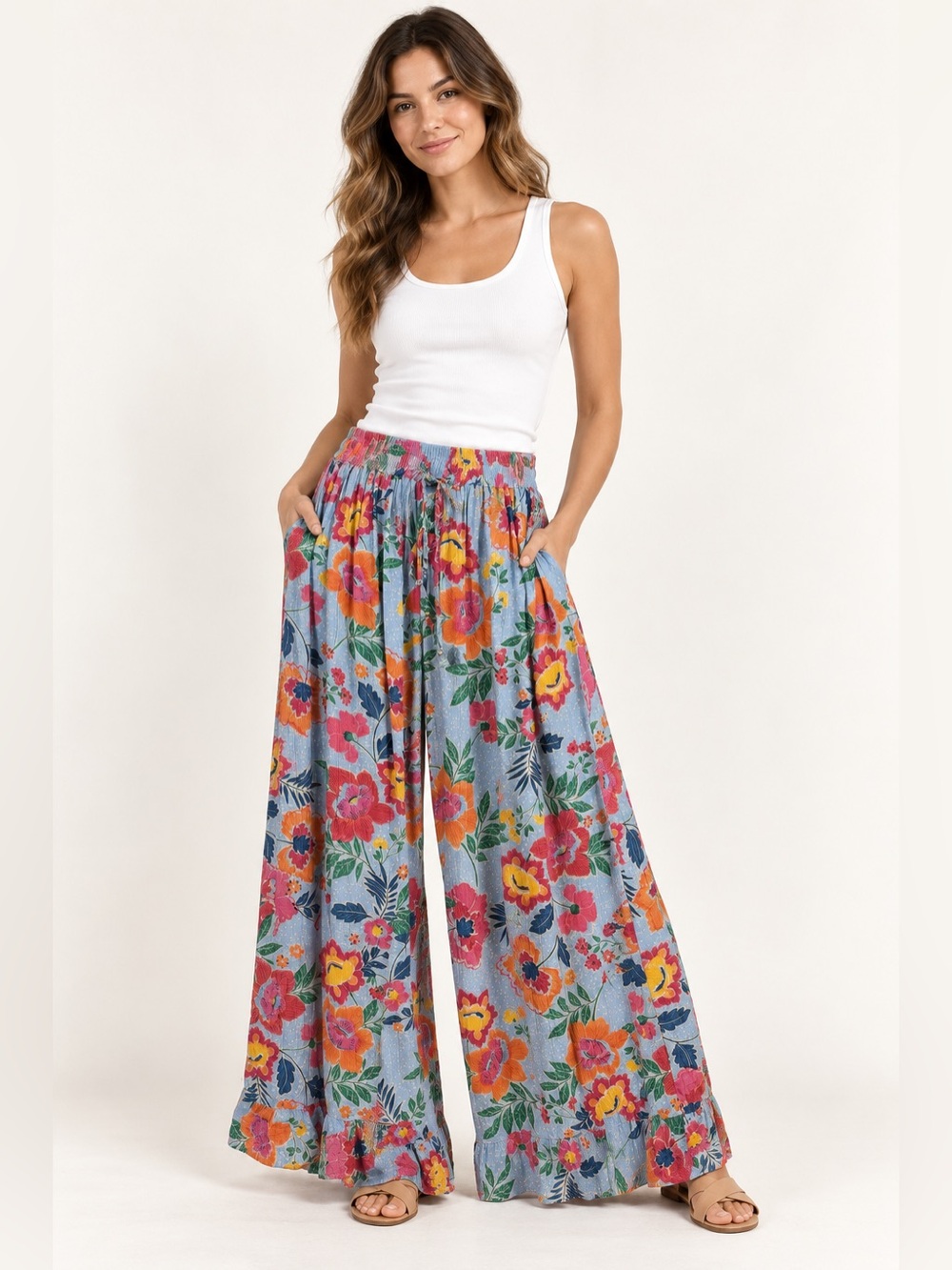 Angie Floral Wide Leg Palazzo Pants Women M Blue Boho